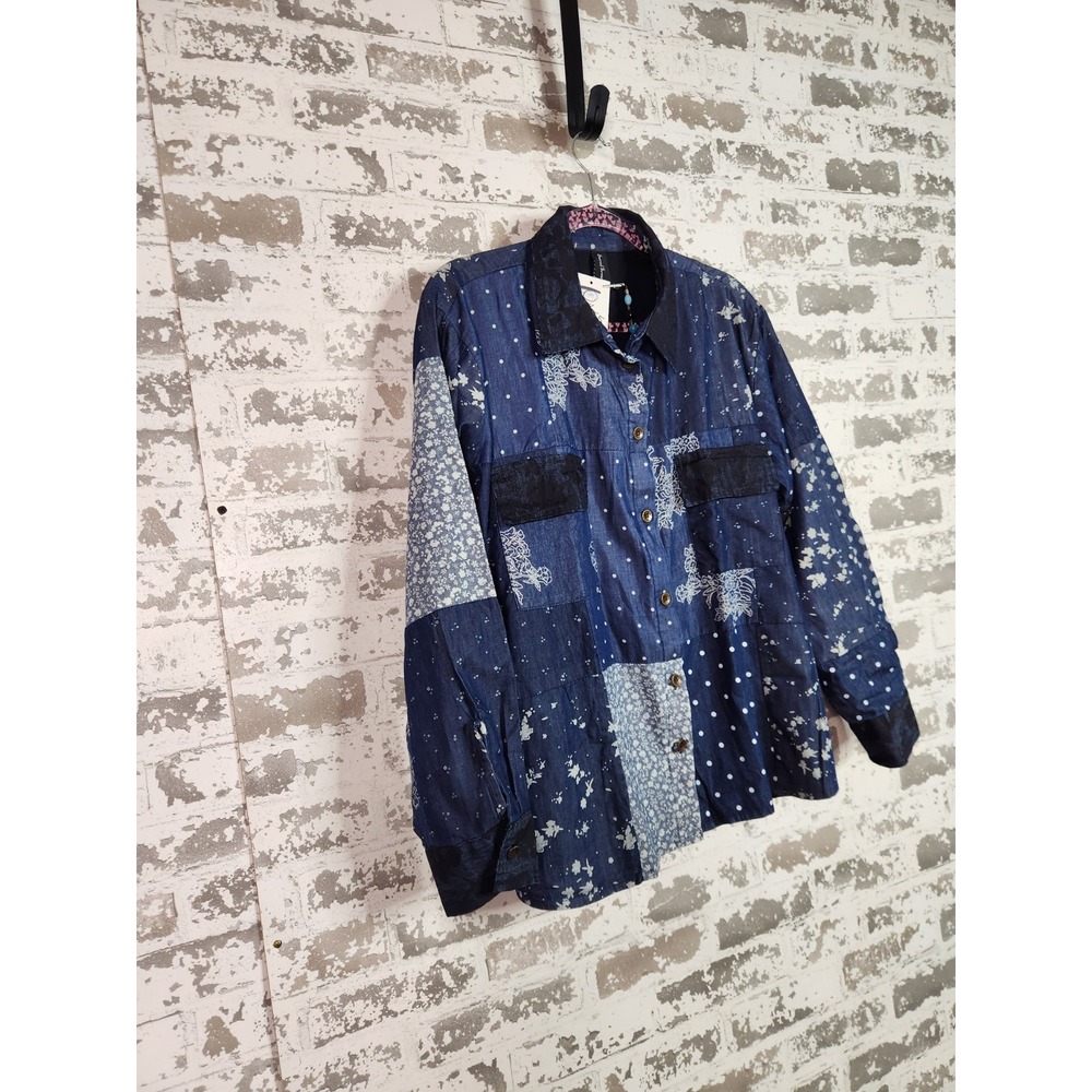 Sacred Threads Patchwork Denim Shacket Size L/XL Blue Geometric Hippie Festival - Picture 2 of 11